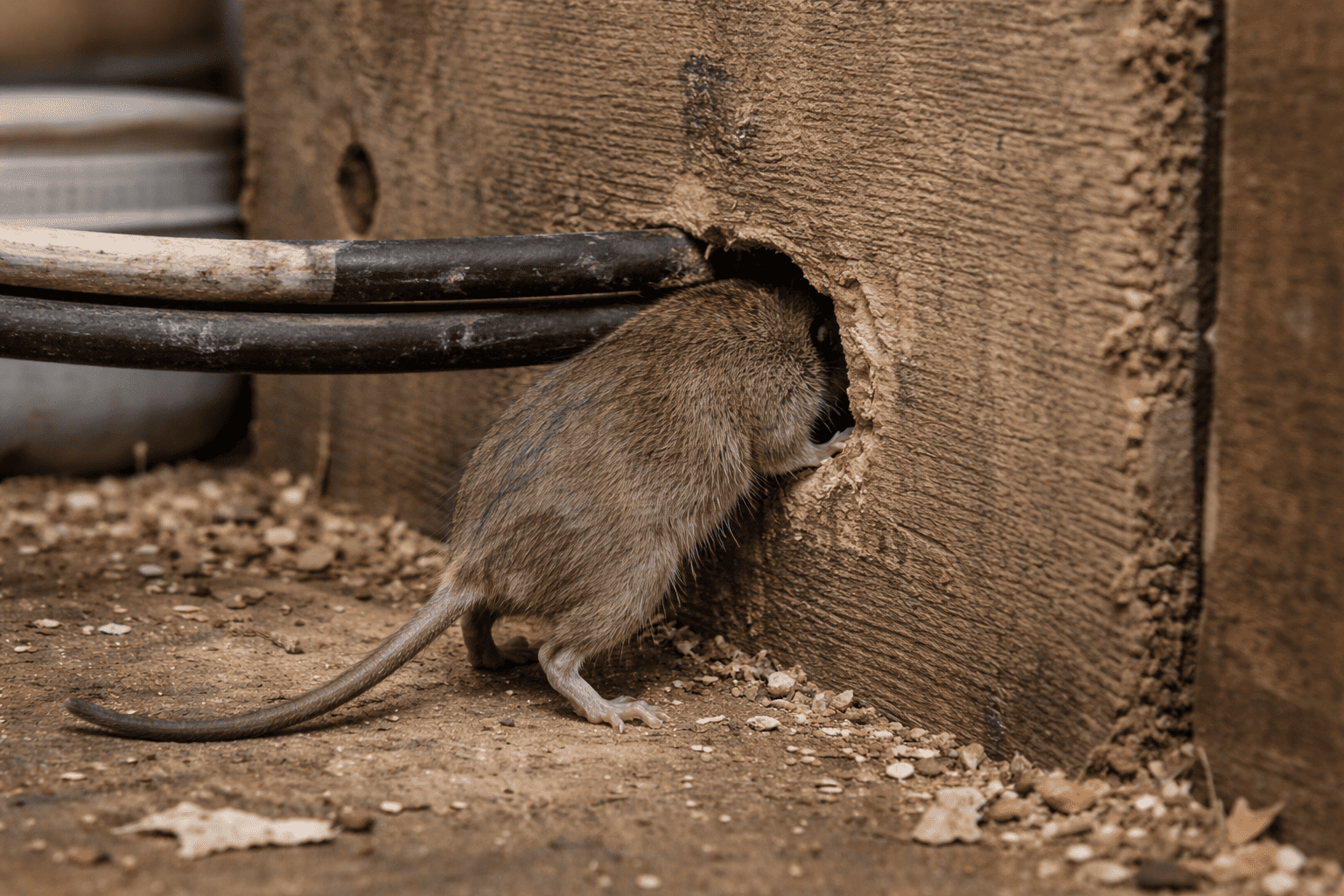 Esempio di roditore che si introduce in un magazzino attraverso un varco strutturale in una parete di legno