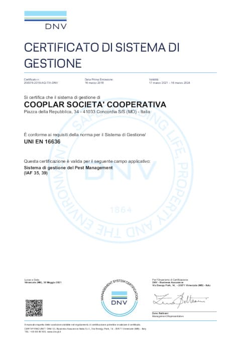 la nostra certificazione UNI EN 16636:2015 - Pest Management